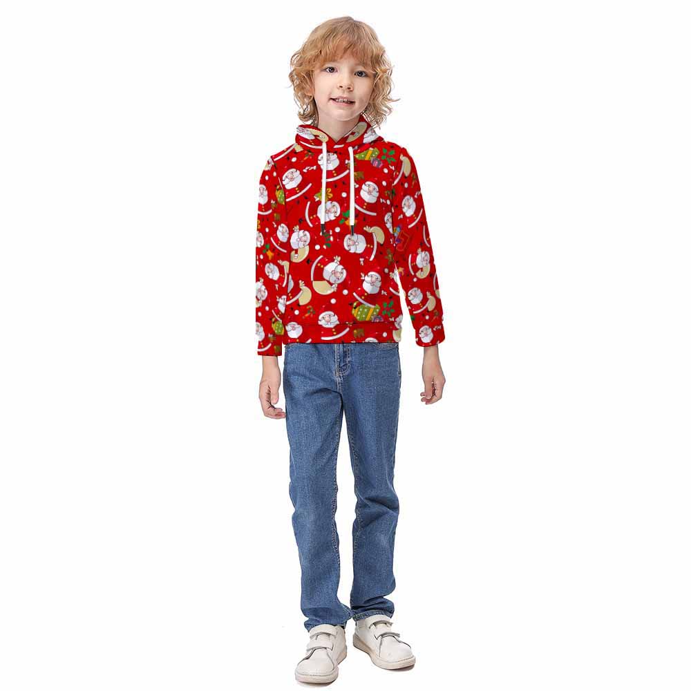 Red kids' Christmas hoodie with Santa pattern, kangaroo pocket, and hood, perfect for holiday wear.
