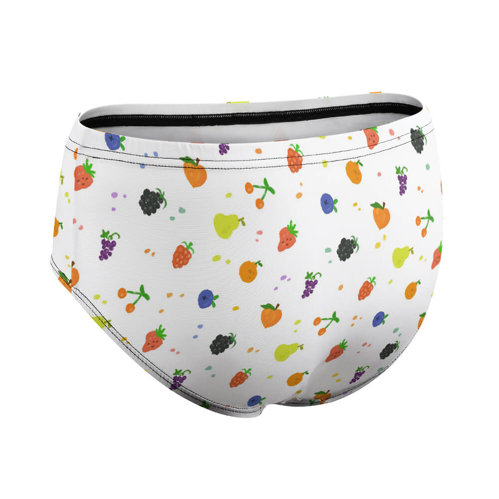 Women's white polyester underwear with colorful patterns, elastic waistband, everyday wear.