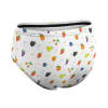 Women's white polyester underwear with colorful patterns, elastic waistband, everyday wear.