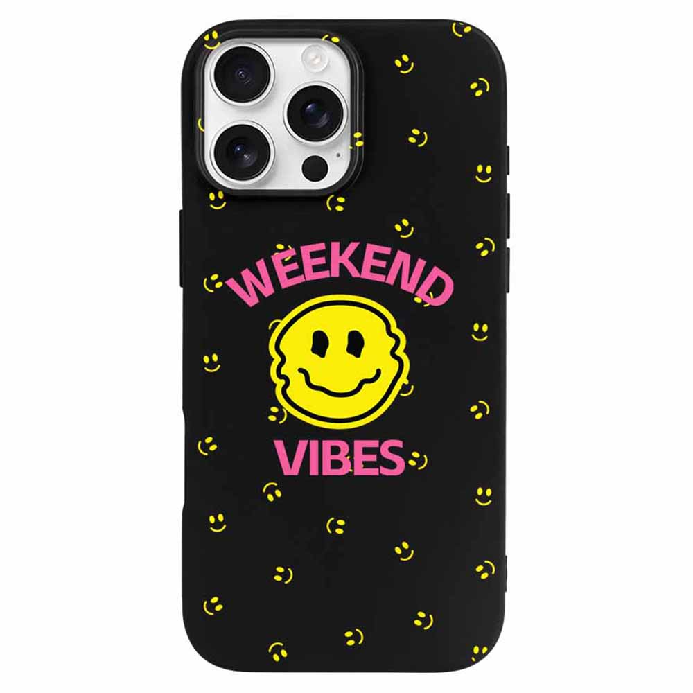 iPhone 16 Series case with "Weekend Vibes" design, black TPU, protective phone cover