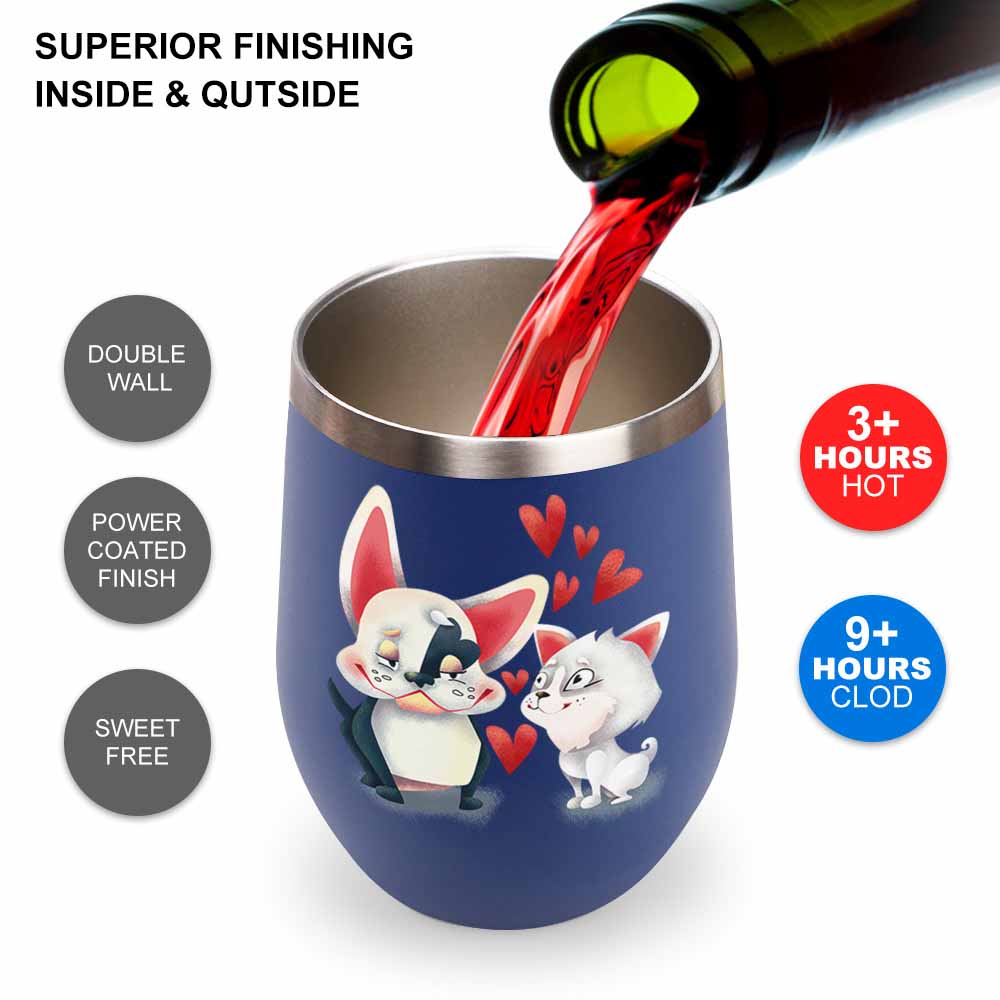 Blue stainless steel insulated cup with cartoon cat and fox design, filled with red wine. Spill-proof, and Inkedjoy.