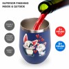 Blue stainless steel insulated cup with cartoon cat and fox design, filled with red wine. Spill-proof, and Inkedjoy.