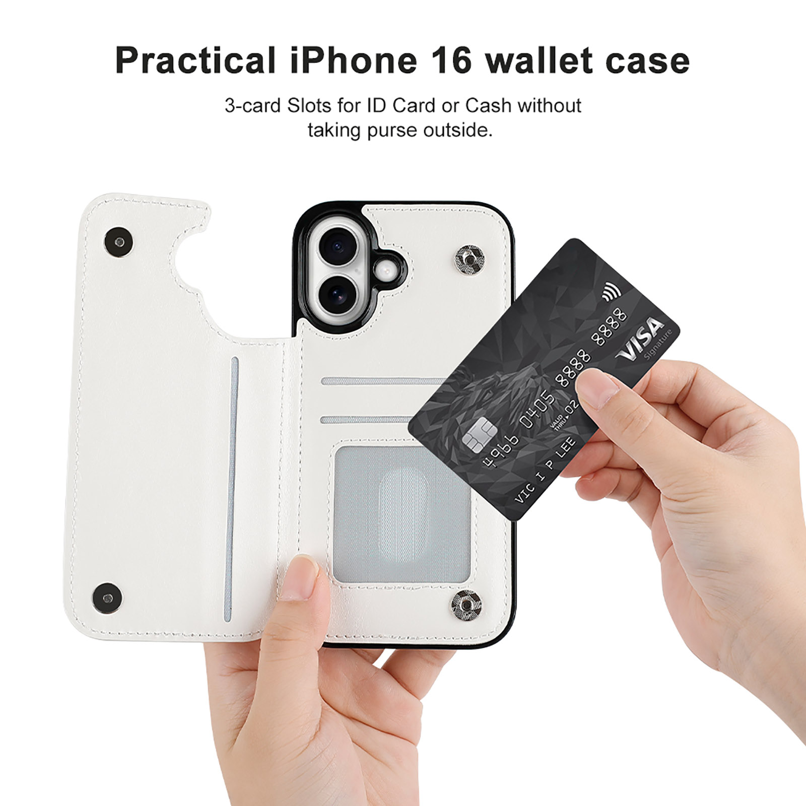 iPhone 16 wallet case with card slot, white leather cover, practical design.