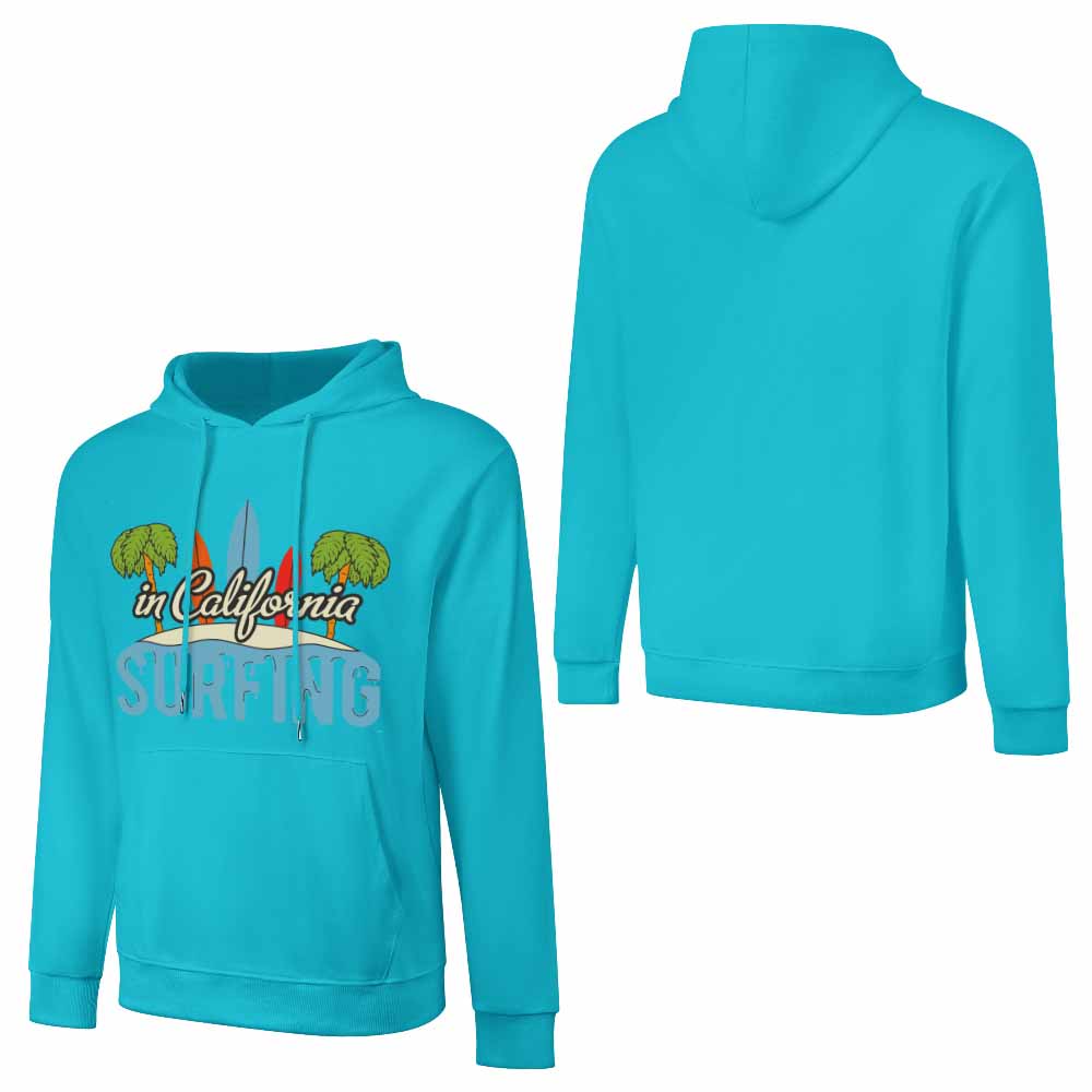 Turquoise cotton California Surfing hoodie, loose fit, for daily wear.