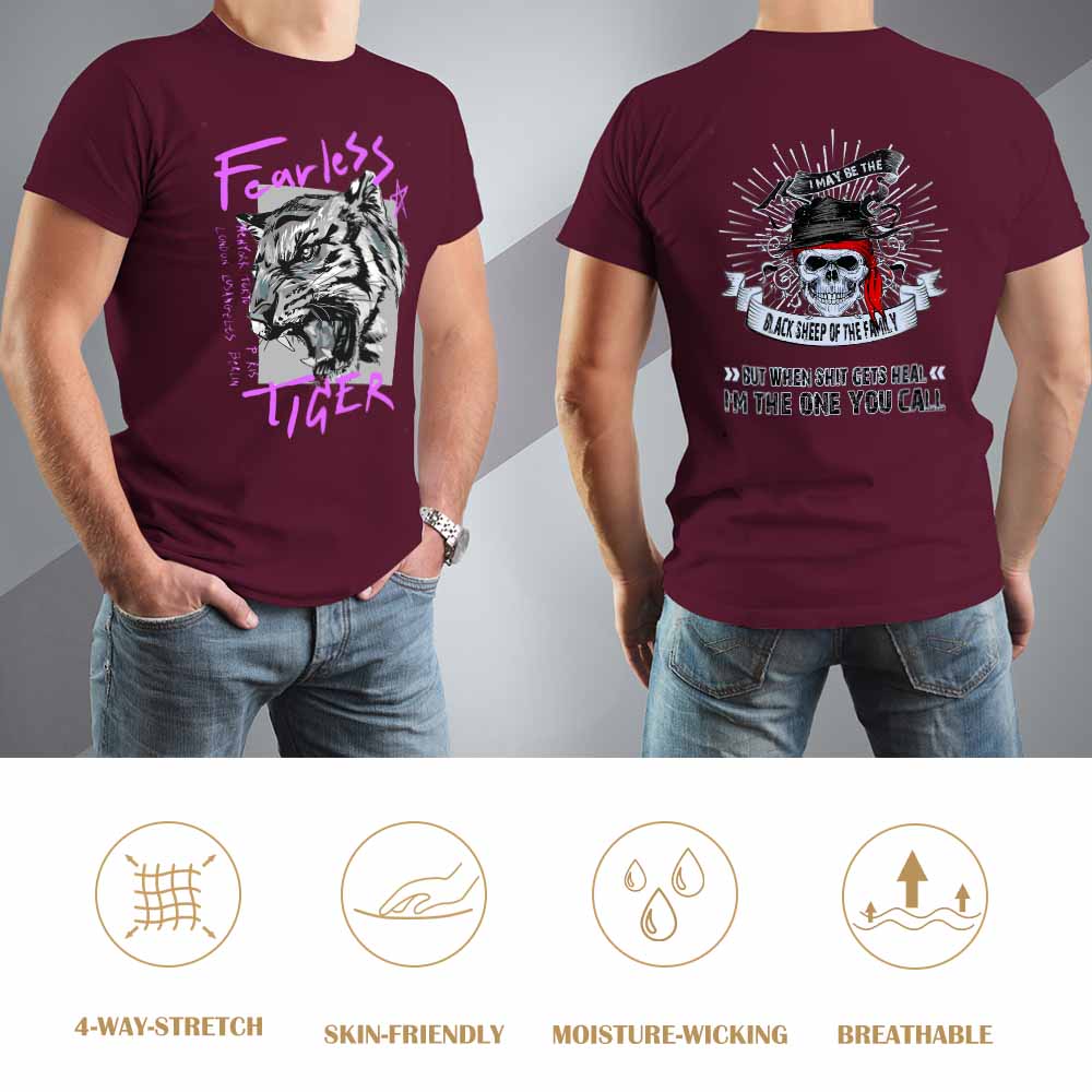 Maroon men's 'Fearless Tiger' graphic tee, 100% cotton, front and back view, collection