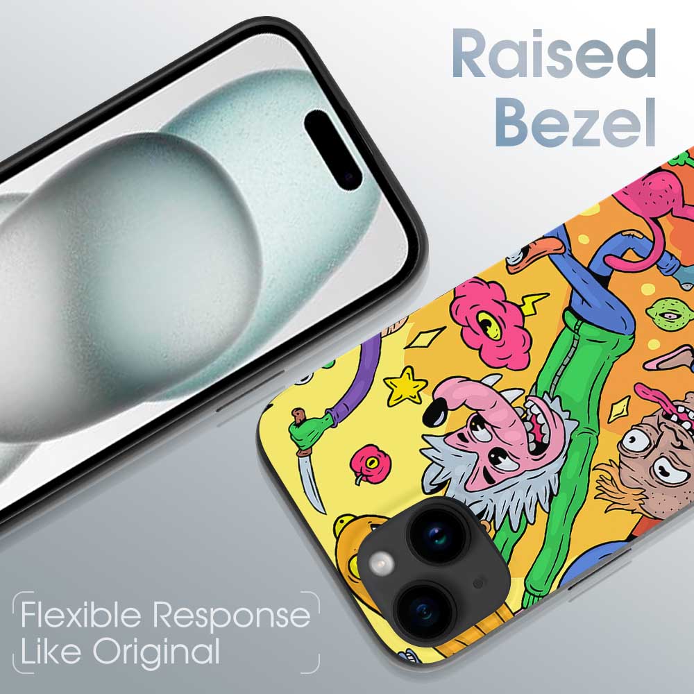 iPhone 15 case with cartoon design, TPU material, raised bezel, shockproof protection.