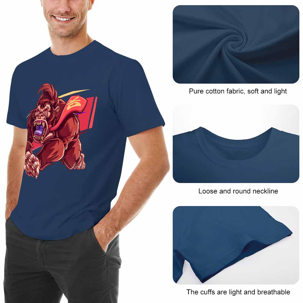 Men's blue cotton t-shirt with red monster graphic, crew neck, and soft fabric. Inkedjoy design.