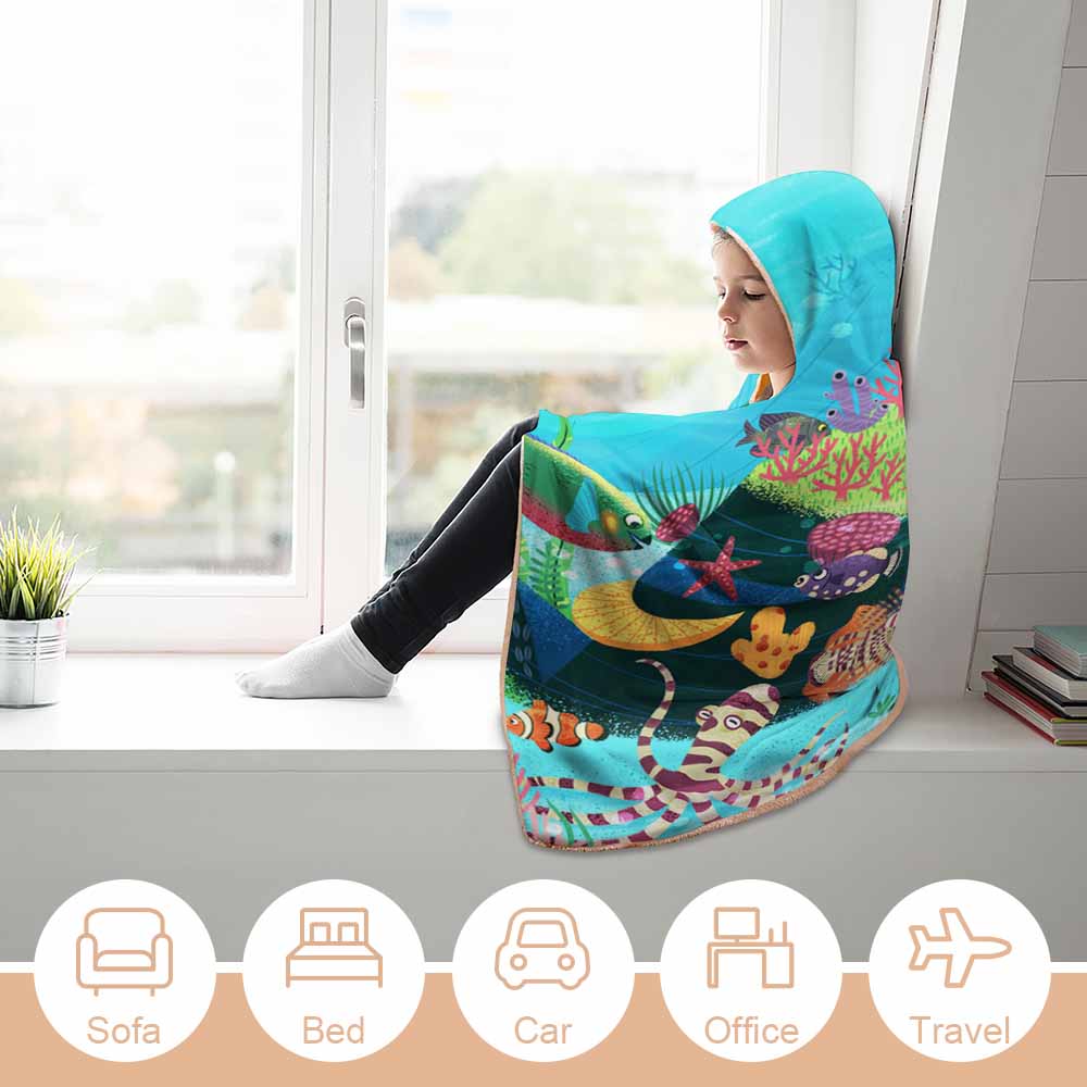 Cozy underwater scene cloak hooded blanket, perfect for lounging. Features Arctic Velvet fabric.