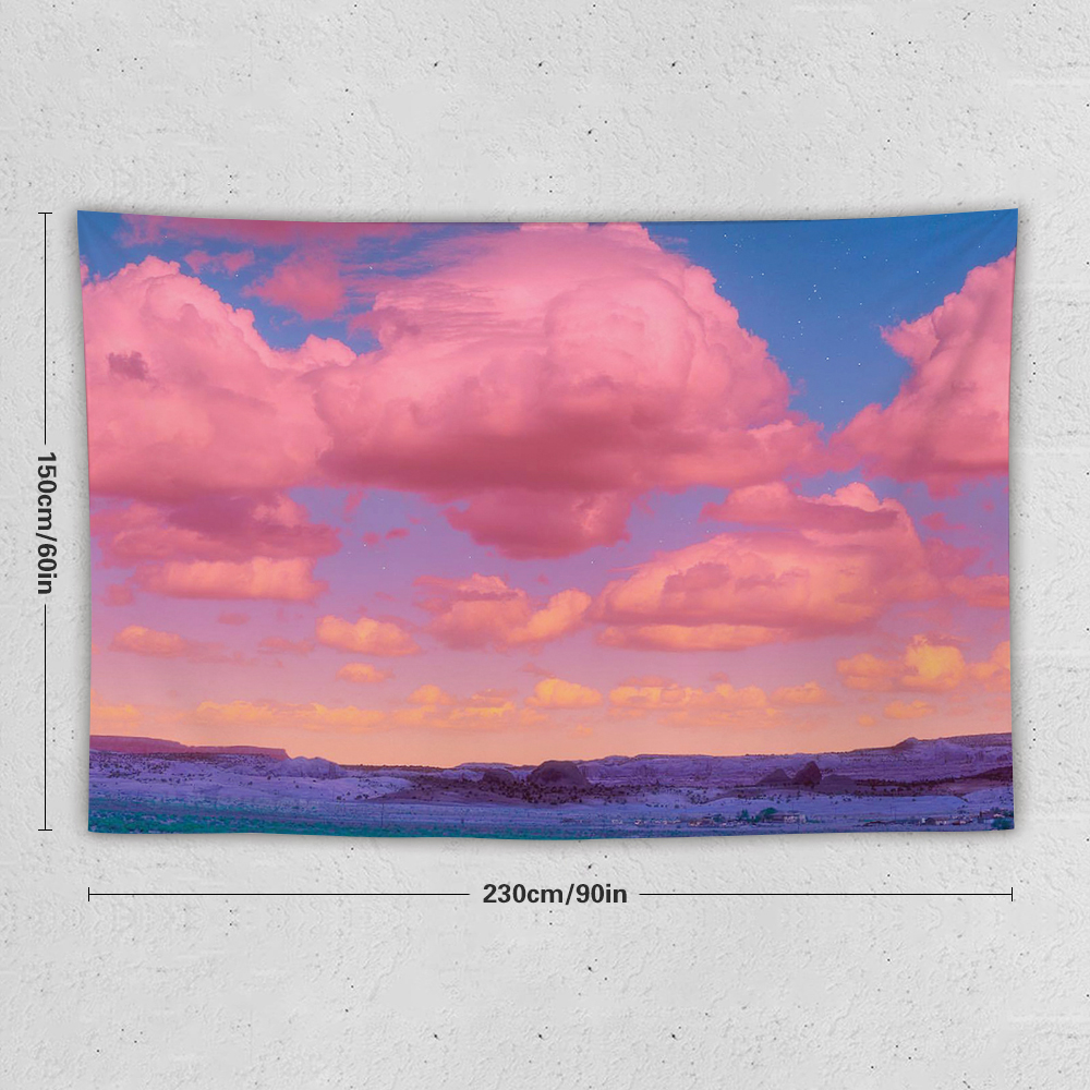 Polyester tapestry with pink cloud design, wall decor, room decoration.