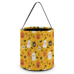 Halloween tote candy bag, featuring a yellow background with ghost and pumpkin pattern, perfect for trick-or-treating.