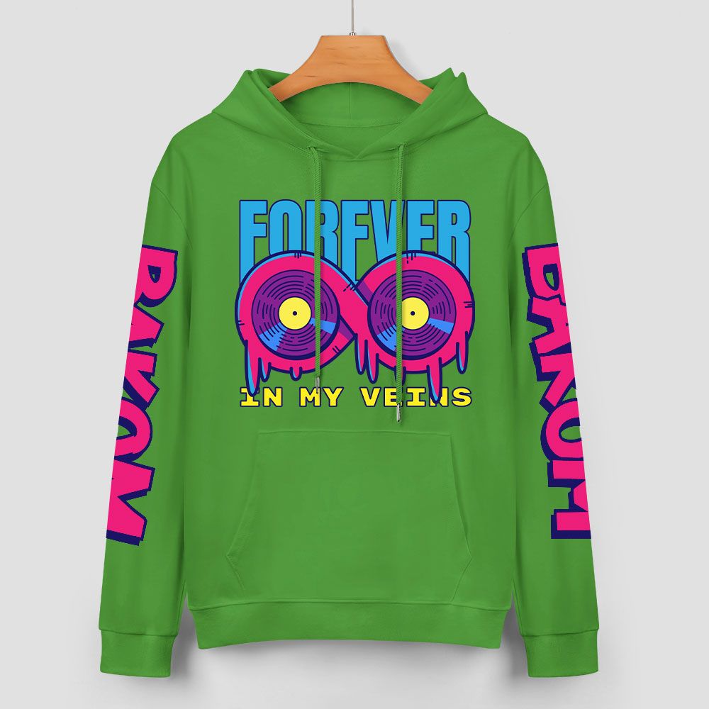 Green cotton hoodie with 'FOREVER 99' and donut graphic, youth fashion style, sleeve prints.