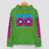Green cotton hoodie with 'FOREVER 99' and donut graphic, youth fashion style, sleeve prints.