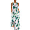 Sleeveless long dress in white with green and pink floral print, perfect for summer vacation