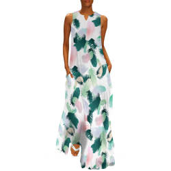 Sleeveless long dress in white with green and pink floral print, perfect for summer vacation