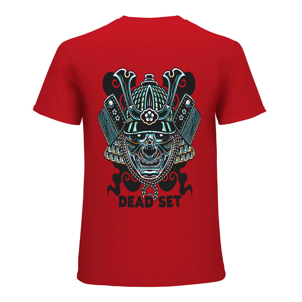 Red cotton men's T-shirt with samurai skull design, ideal for leisure and events.