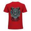 Red cotton men's T-shirt with samurai skull design, ideal for leisure and events.