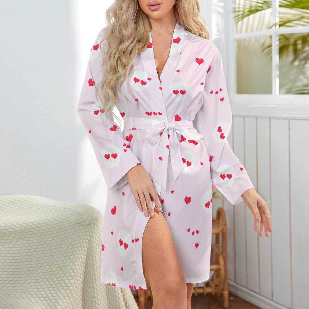 White cherry print ladies' long sleeve belted robe, perfect for home wear