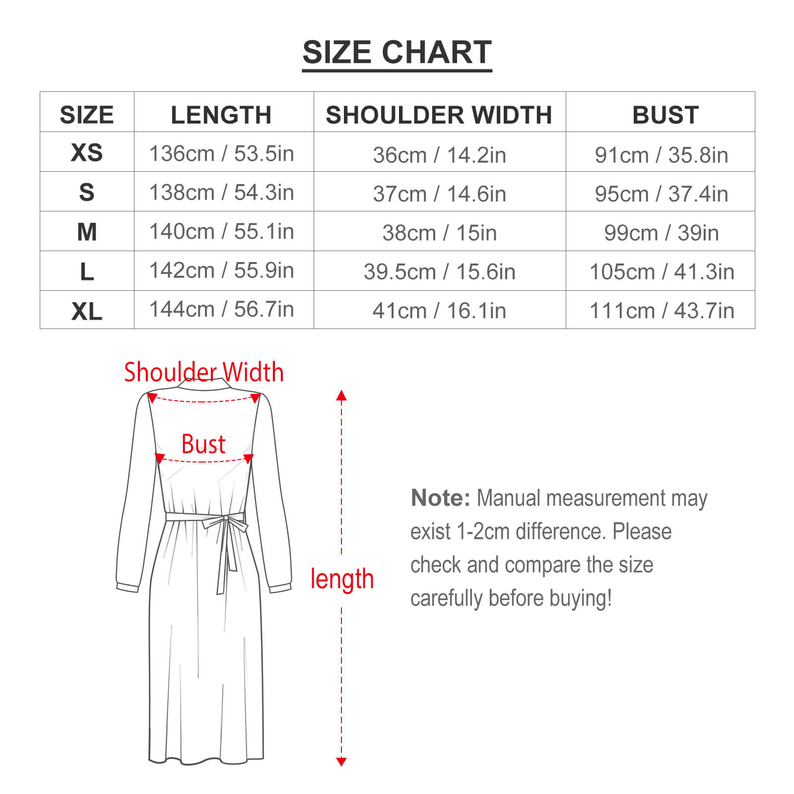 Size chart for long dress, including length, shoulder width, and bust measurements in cm/in.