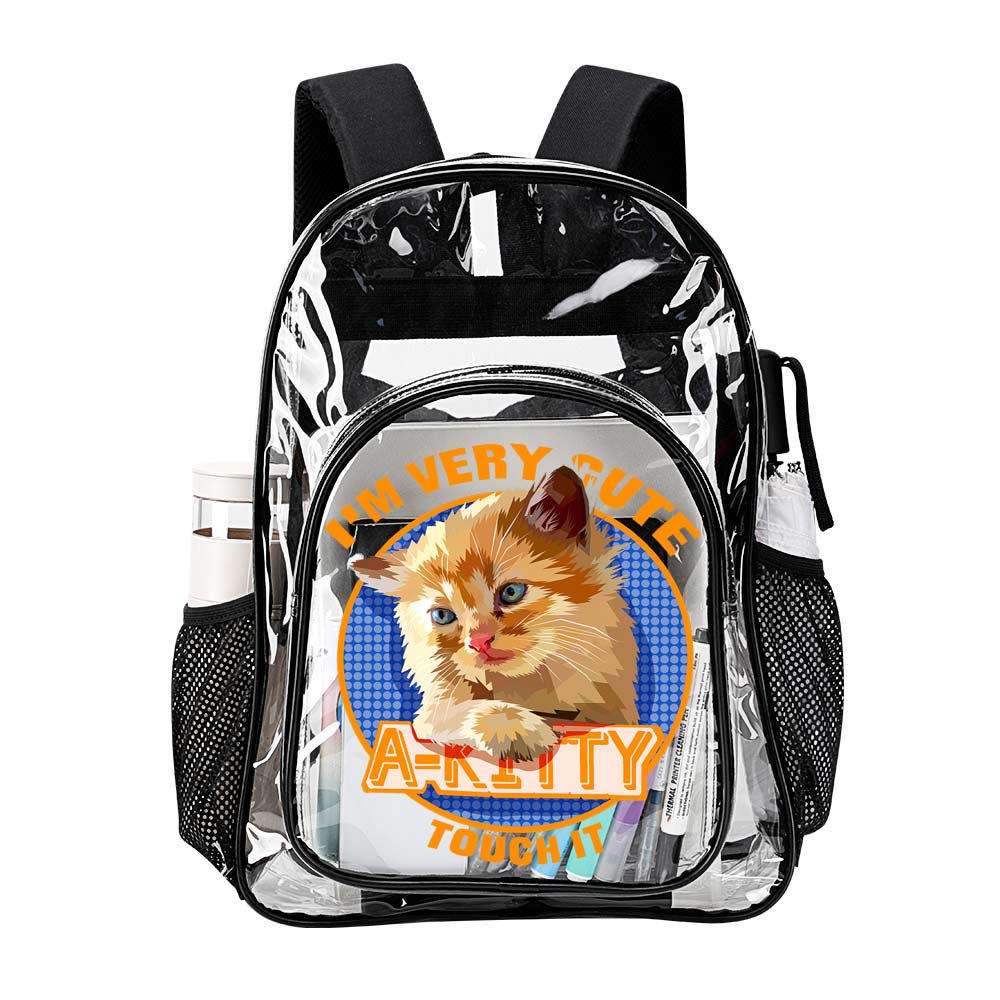 Transparent PVC backpack with cute cat print, stylish and durable design, perfect for work and travel.