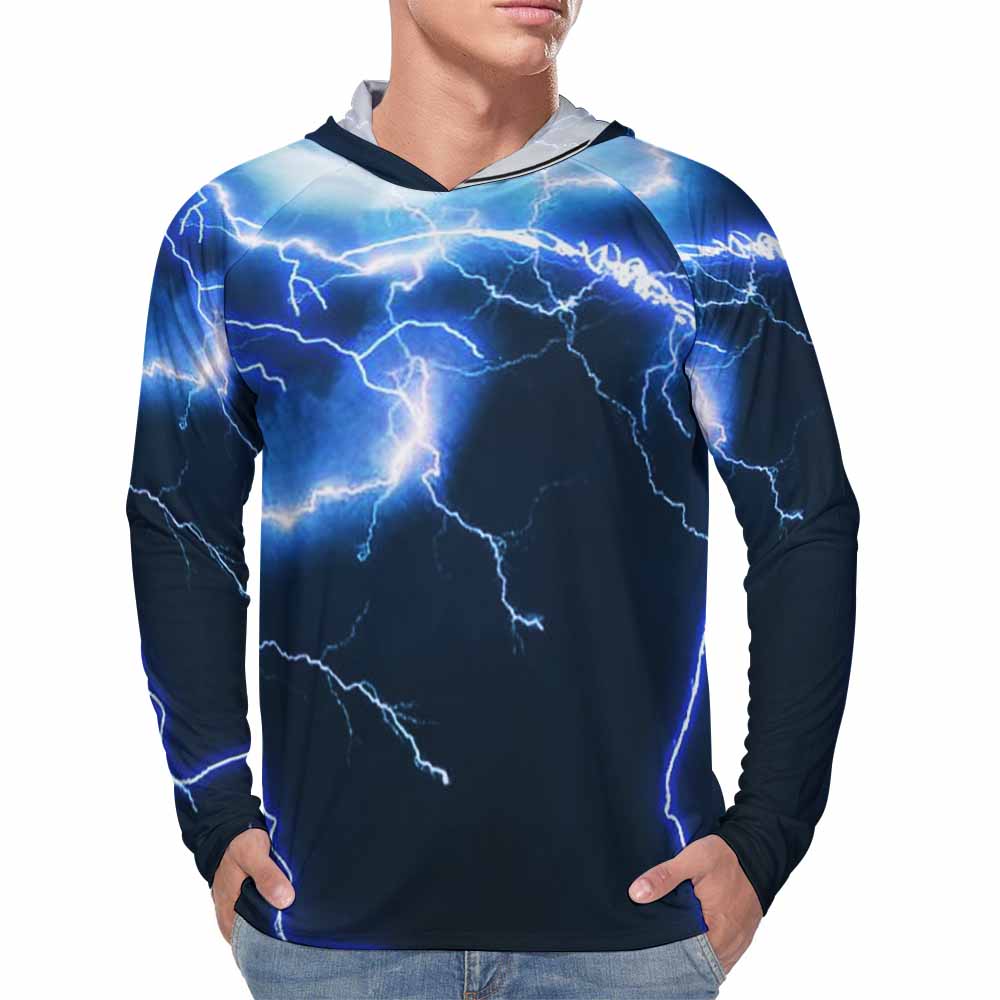 Men's Sun Protection Hoodie with Blue Lightning Print. Long sleeve UV protection hoodie.