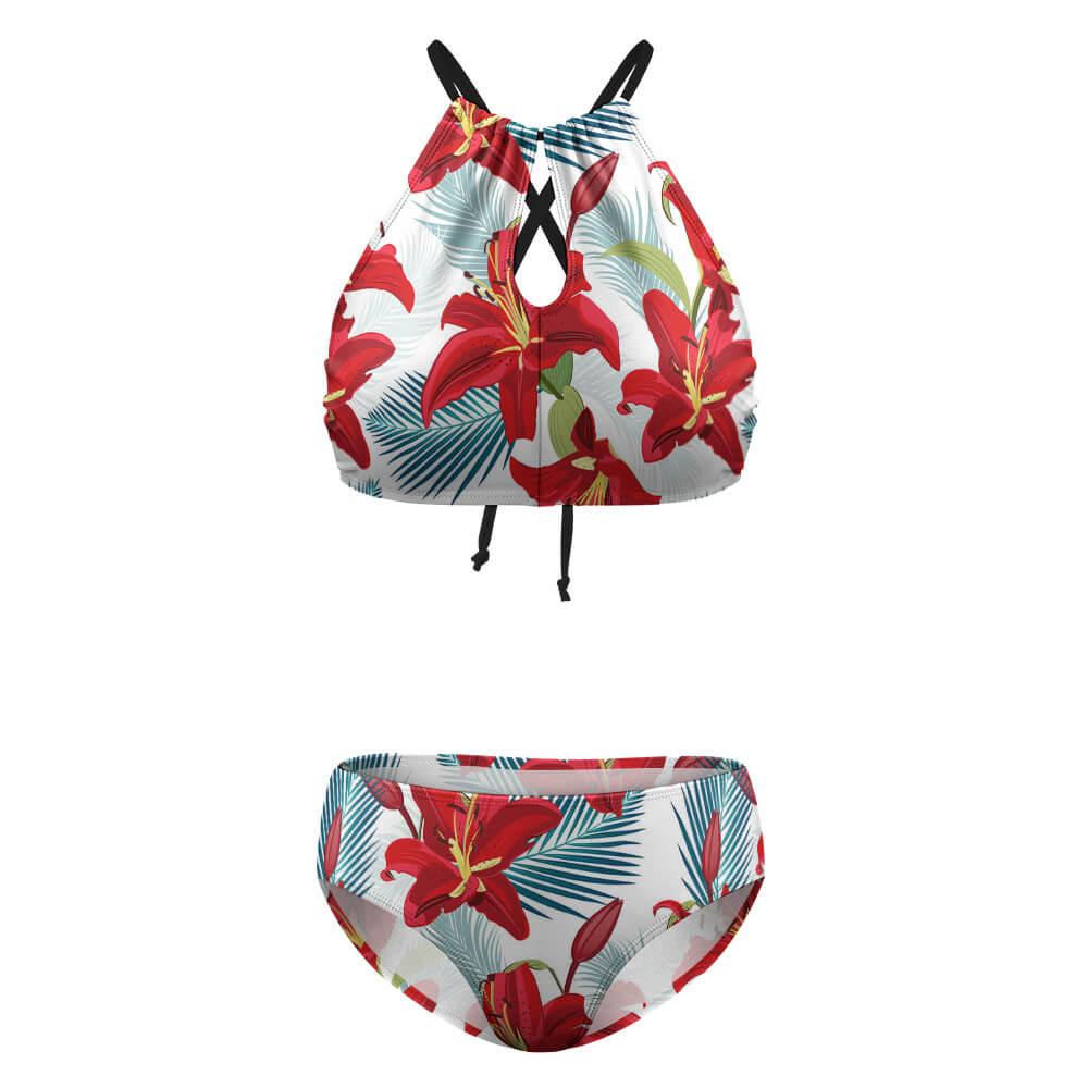 Red floral halter bikini swimsuit with keyhole detail, perfect for summer beach wear, made of polyester and spandex