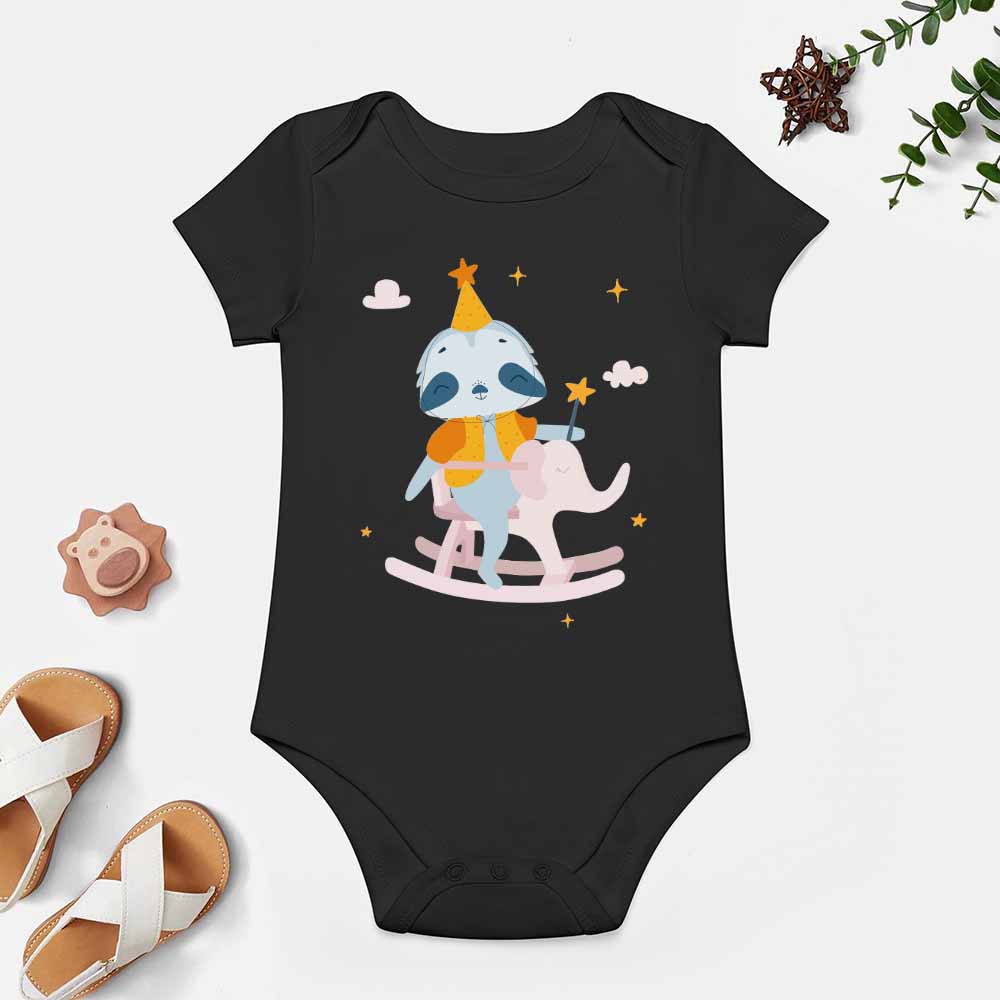 Black cotton baby bodysuit with a rocking horse design, perfect for babies aged 3-24 months. Soft and skin-friendly.