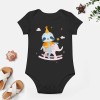 Black cotton baby bodysuit with a rocking horse design, perfect for babies aged 3-24 months. Soft and skin-friendly.