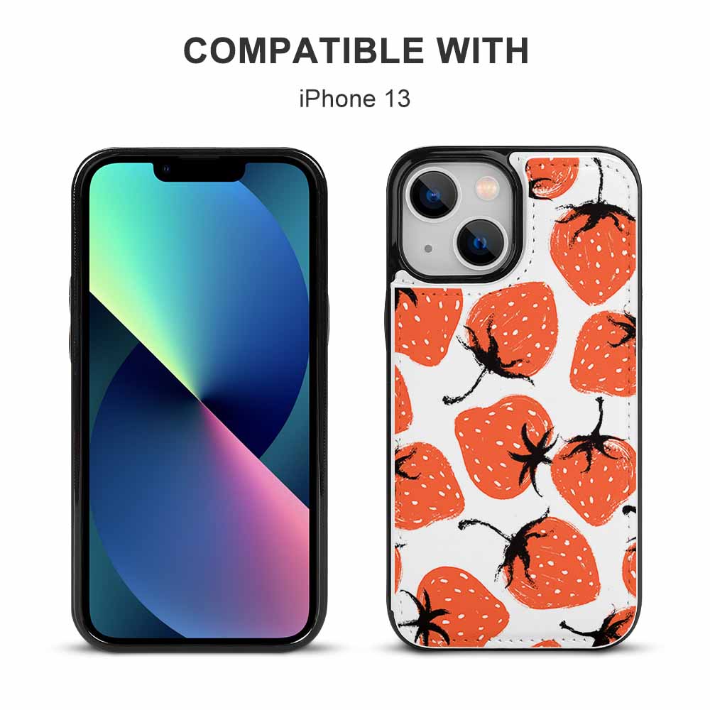 iPhone 13 with strawberry print case, card slot design, perfect for iPhone 13.