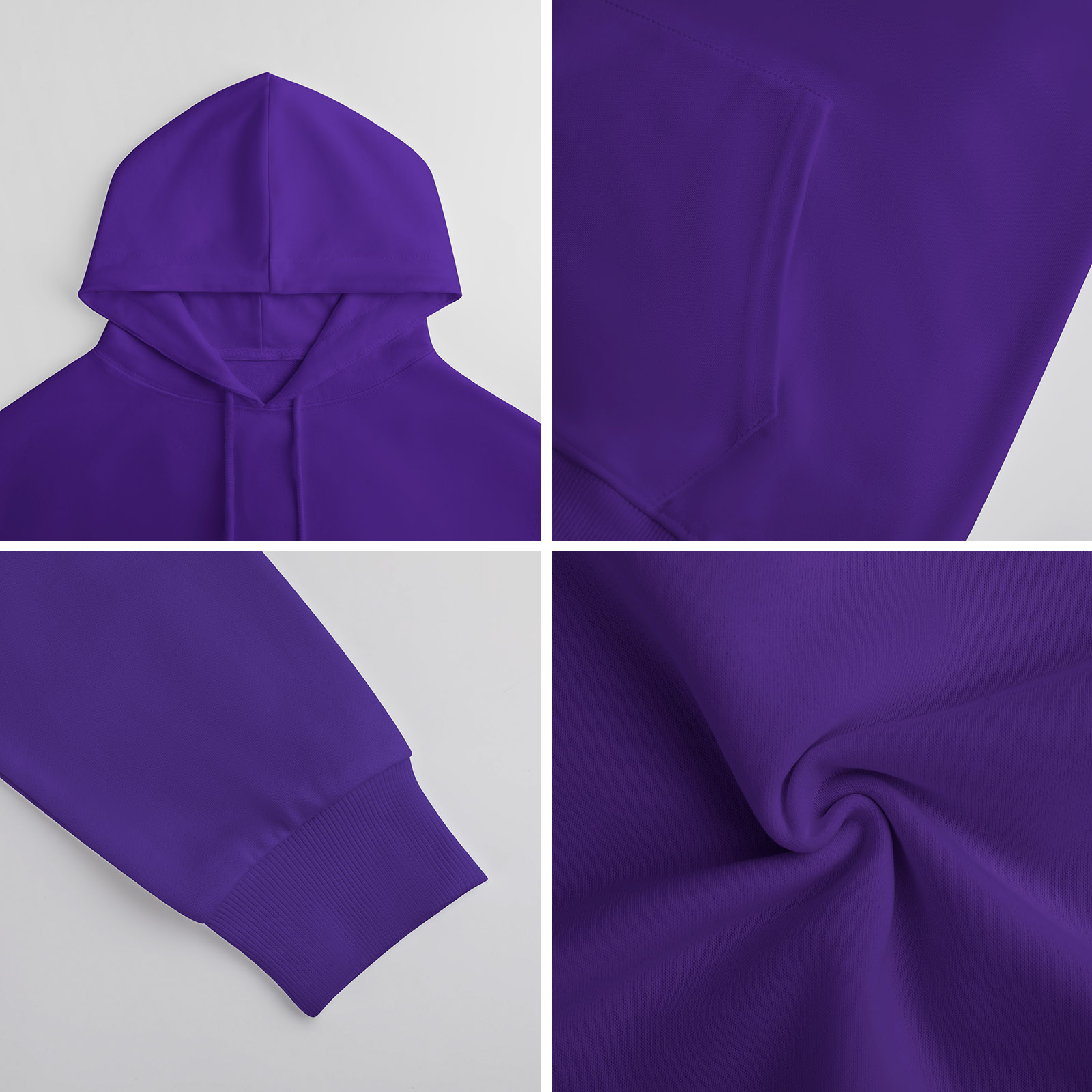 Purple cotton hooded sweater detail, showing fabric texture and stitching, perfect for youth fashion.