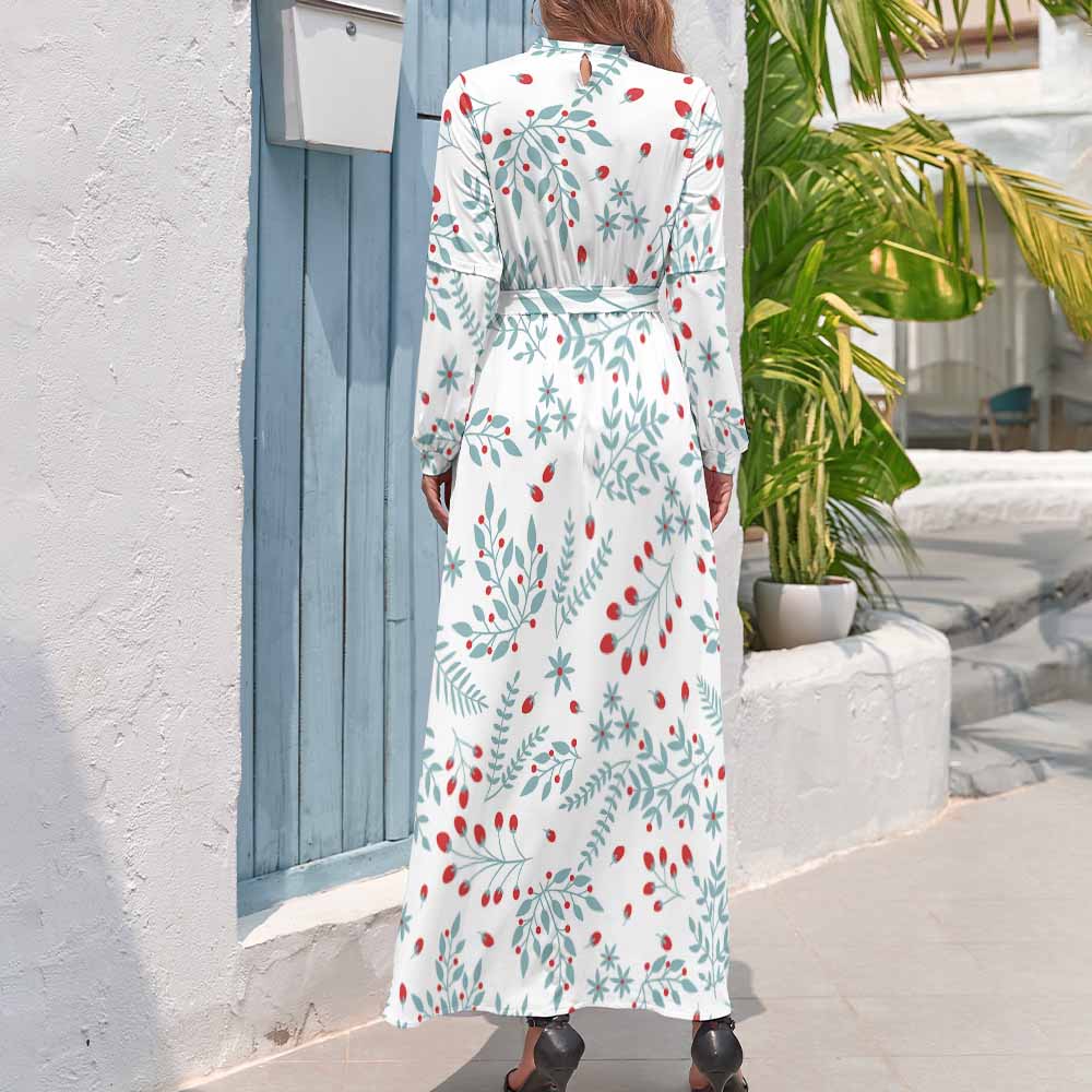 White floral long dress with long sleeves, perfect for parties or casual wear.