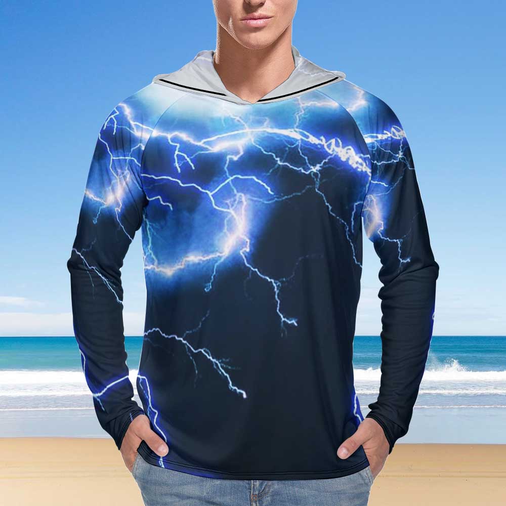 Men's blue lightning print sun protection hoodie, long sleeve for UV protection.