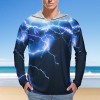 Men's blue lightning print sun protection hoodie, long sleeve for UV protection.