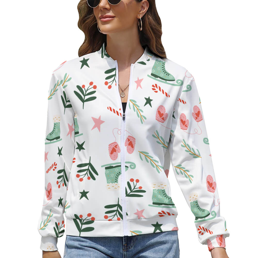 Women's white long sleeve zipper jacket with floral pattern, comfortable and skin-friendly fabric.
