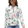 Women's white long sleeve zipper jacket with floral pattern, comfortable and skin-friendly fabric.