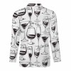 White Zipper Short Sleeve POLO shirt with wine glass pattern. Imitation cotton fabric, casual wear.