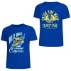 Blue cotton surfing T-shirt with "Wild Wave California" front, "Catch the Wave Surfing" back print.