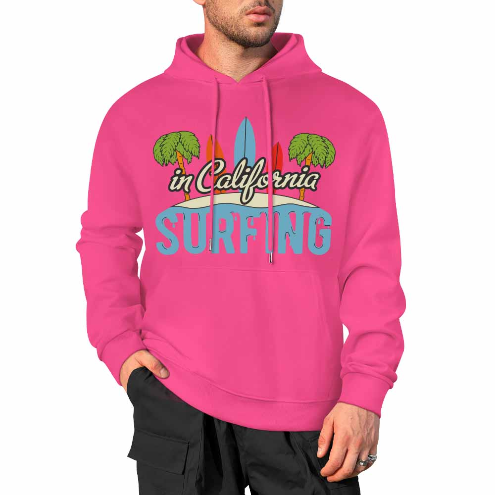 Hot pink cotton hoodie with "CALIFORNIA SURFING" graphic, multiple colors available