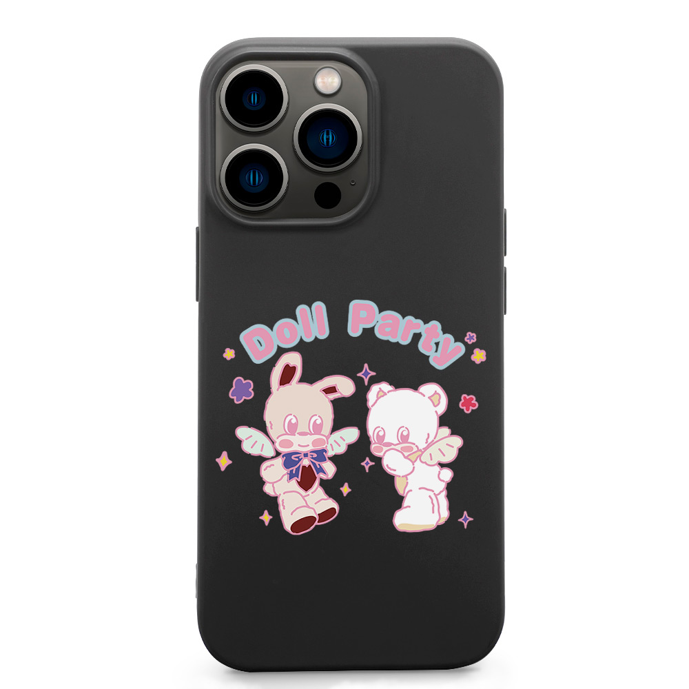iPhone 13 case featuring "Doll Party" design with bunny and bear characters. Made of black TPU, wireless charging compatible.