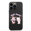 iPhone 13 case featuring "Doll Party" design with bunny and bear characters. Made of black TPU, wireless charging compatible.
