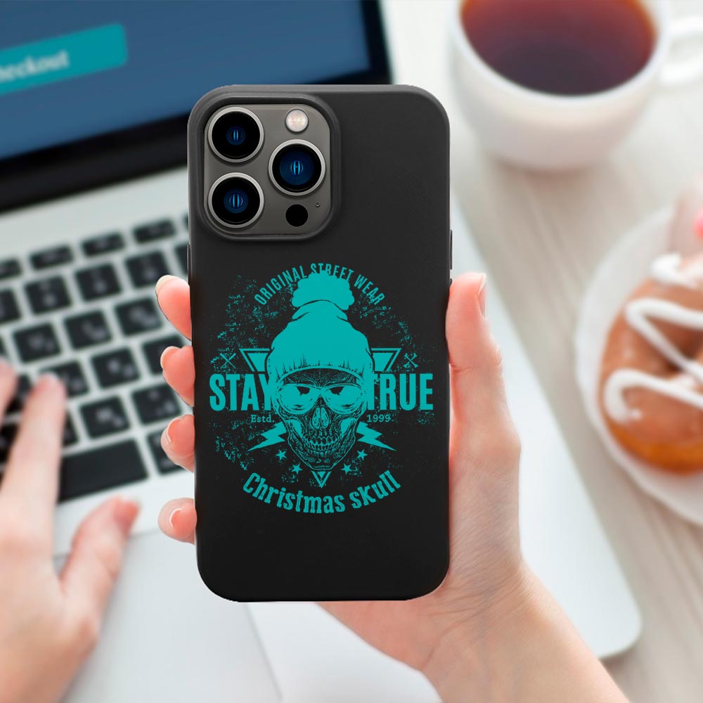 iPhone 13 case with 'Stay True Christmas Dude' design in black TPU, wireless charging compatible