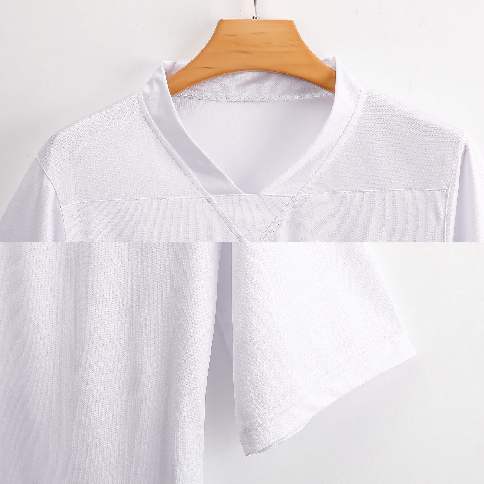 White V-neck jersey uniform, comfortable polyester fabric, perfect for sports and outdoor activities.