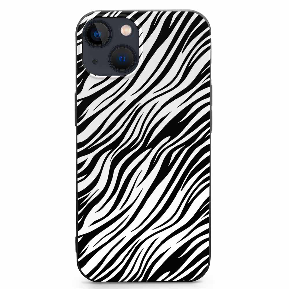 iPhone 13 case with black and white zebra print, TPU material, scratch-resistant and supports wireless charging.