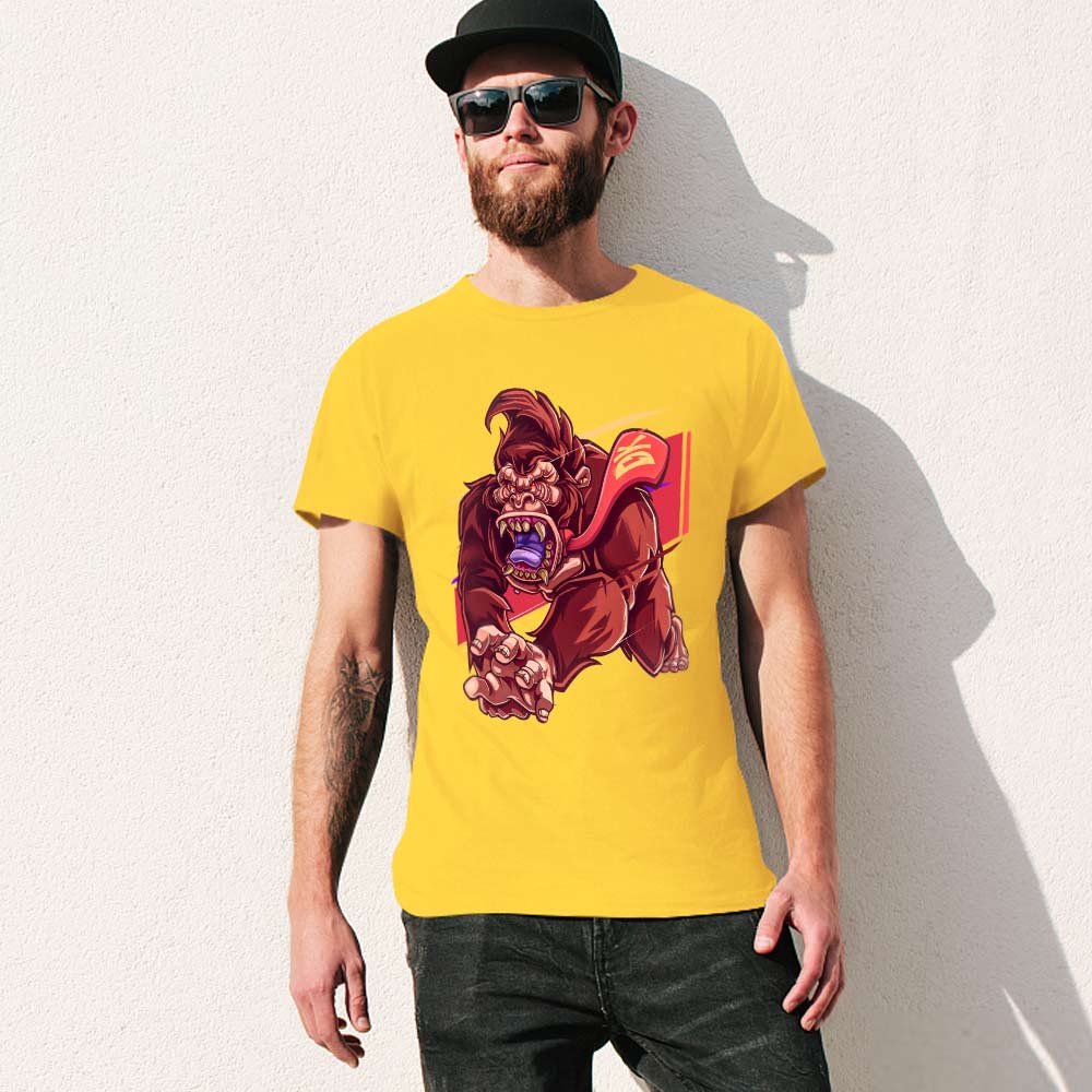 Men's yellow cotton t-shirt with red monster graphic print