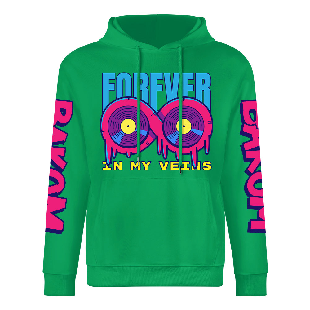 Green cotton hoodie with 'FOREVER 99' donut graphic and sleeve prints, youth fashion style.