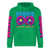 Green cotton hoodie with 'FOREVER 99' donut graphic and sleeve prints, youth fashion style.