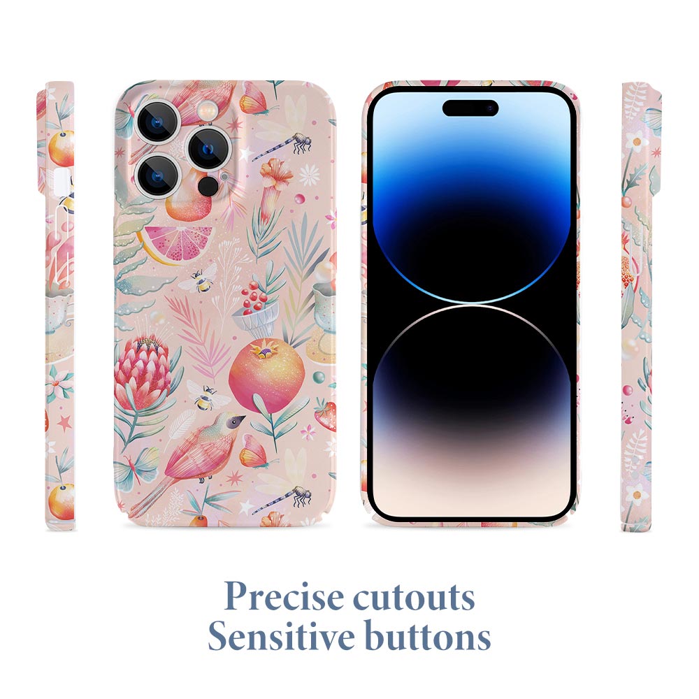 Floral iPhone 14 case with precise cutouts and sensitive buttons, PC plastic, scratch-resistant