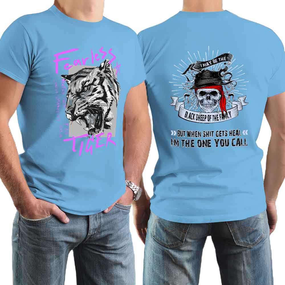 Light blue 100% cotton men's T-shirt with 'Fearless Tiger' print and skull pattern, front and back views.