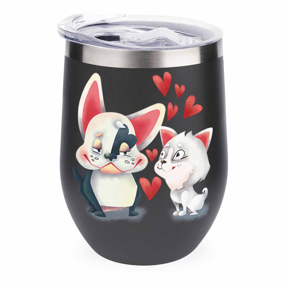Stainless Steel Insulated Cup with Cute Cartoon Characters and Red Hearts, Black color