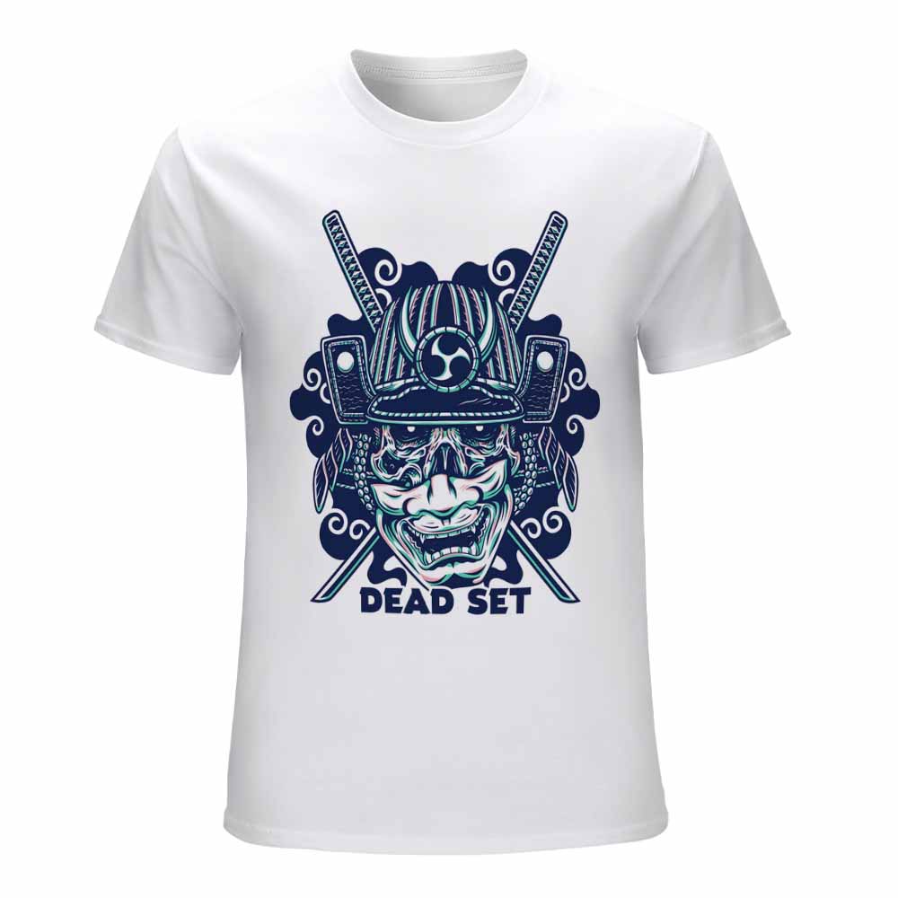 White cotton men's T-shirt with blue samurai skull design
