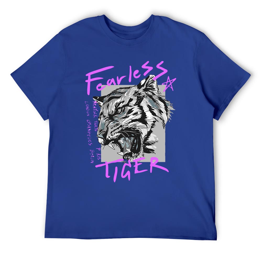 Blue cotton men's Fearless Tiger graphic tee, front and back view, collection